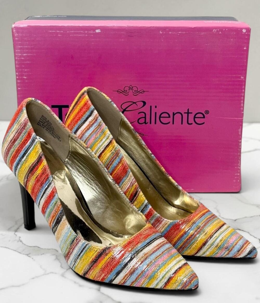 Torta Caliente Zita Rainbow Stripe Pointed Toe Pumps Heels Sz 6 NIB Dopamine